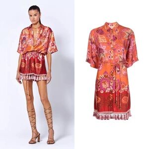NWT Alexis Alee Motion Tunic Silk Button Down Orange Floral Dress